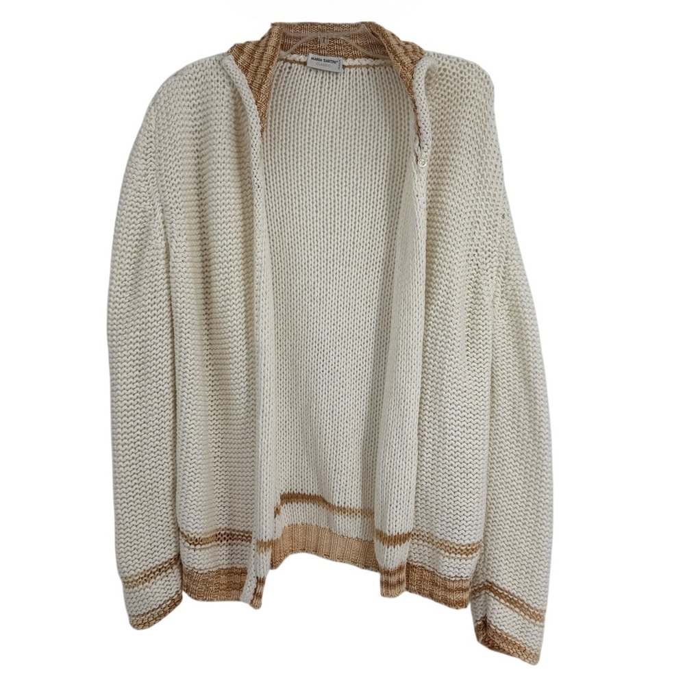 MARIA SARTINI Cardigan Sweater Size 42 (XL) Cotton White Tan 2-button Collared